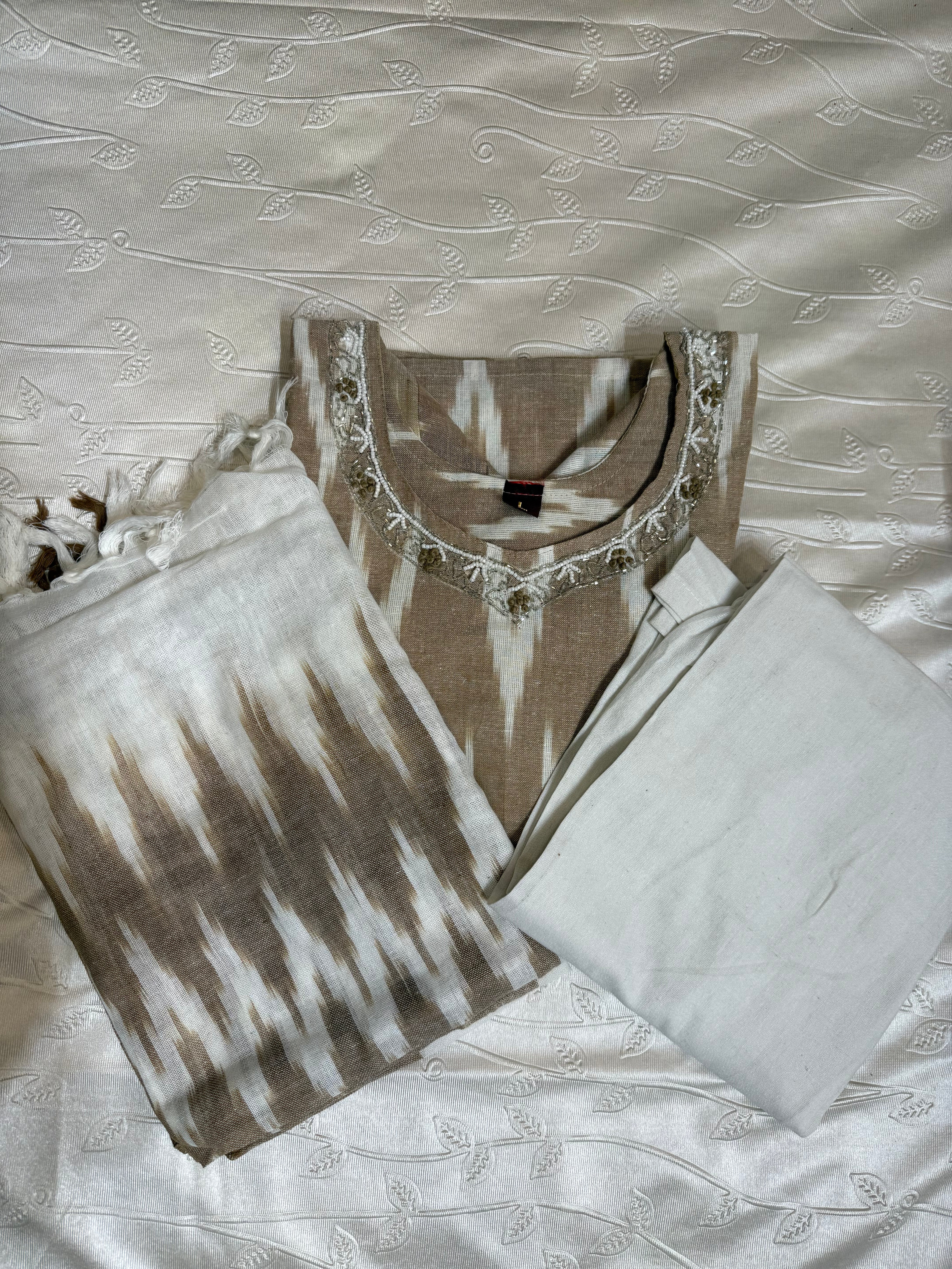 Ikkat 3pc with Neckline work