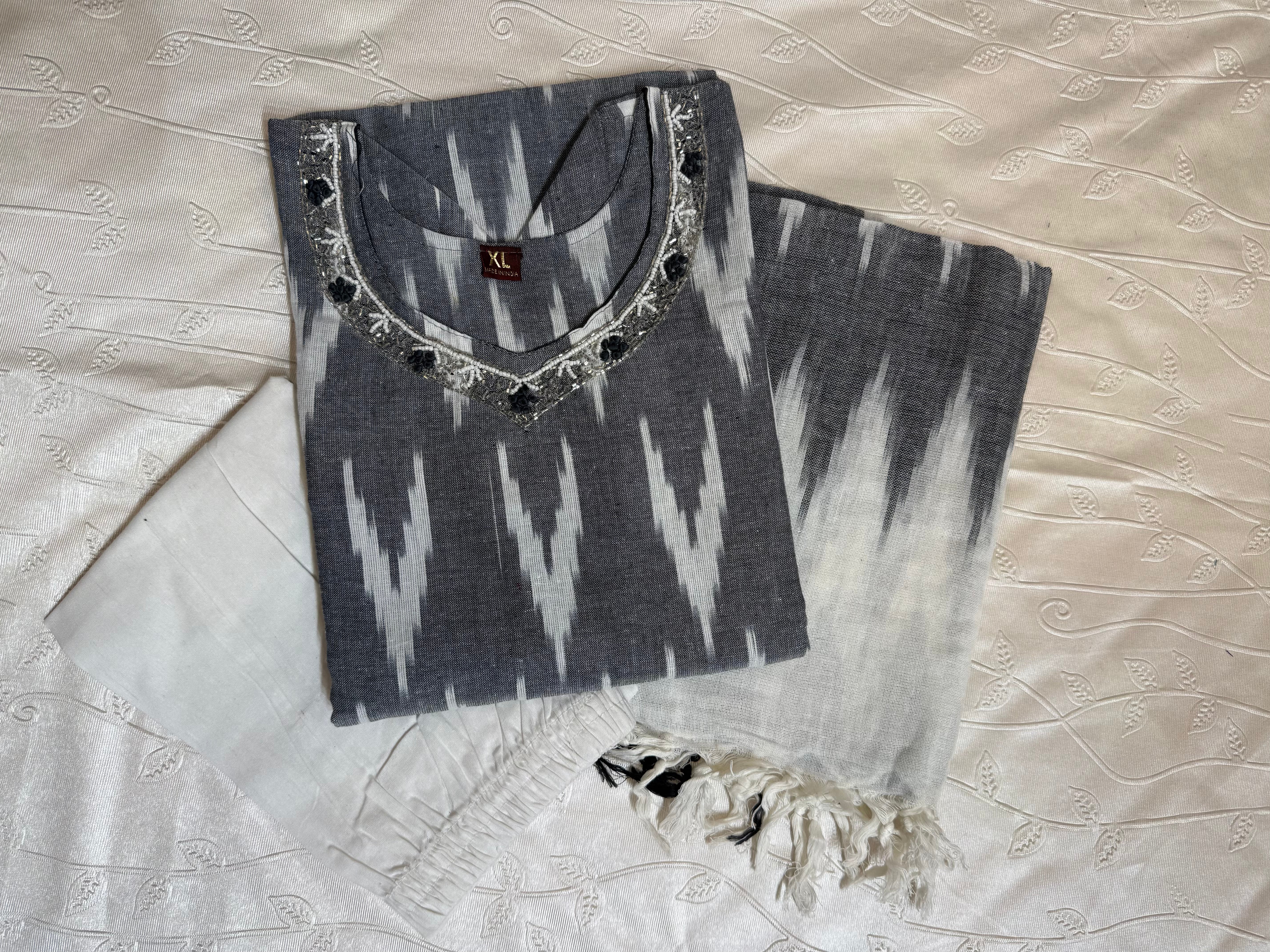 Ikkat 3pc with Neckline work