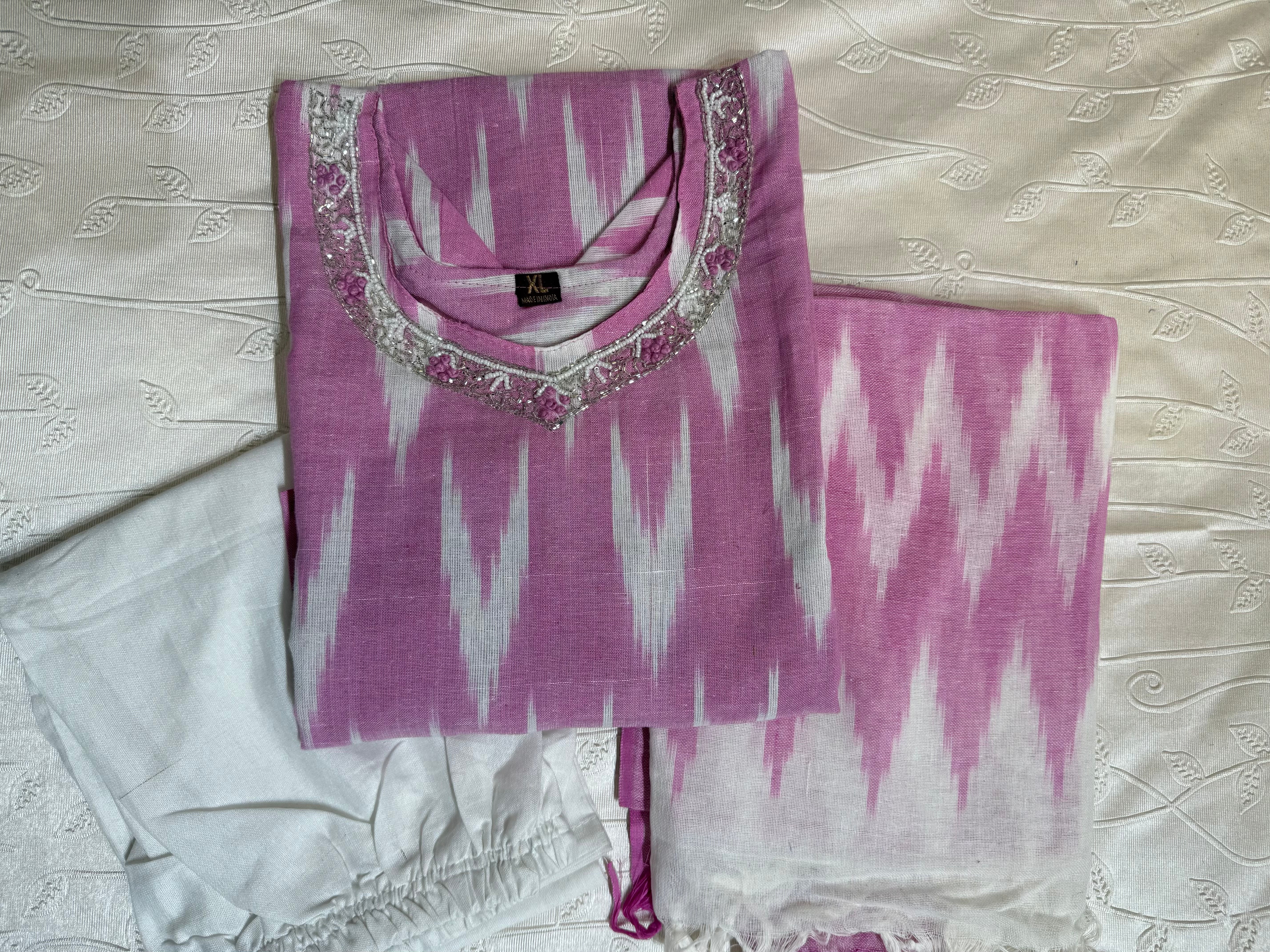 Ikkat 3pc with Neckline work