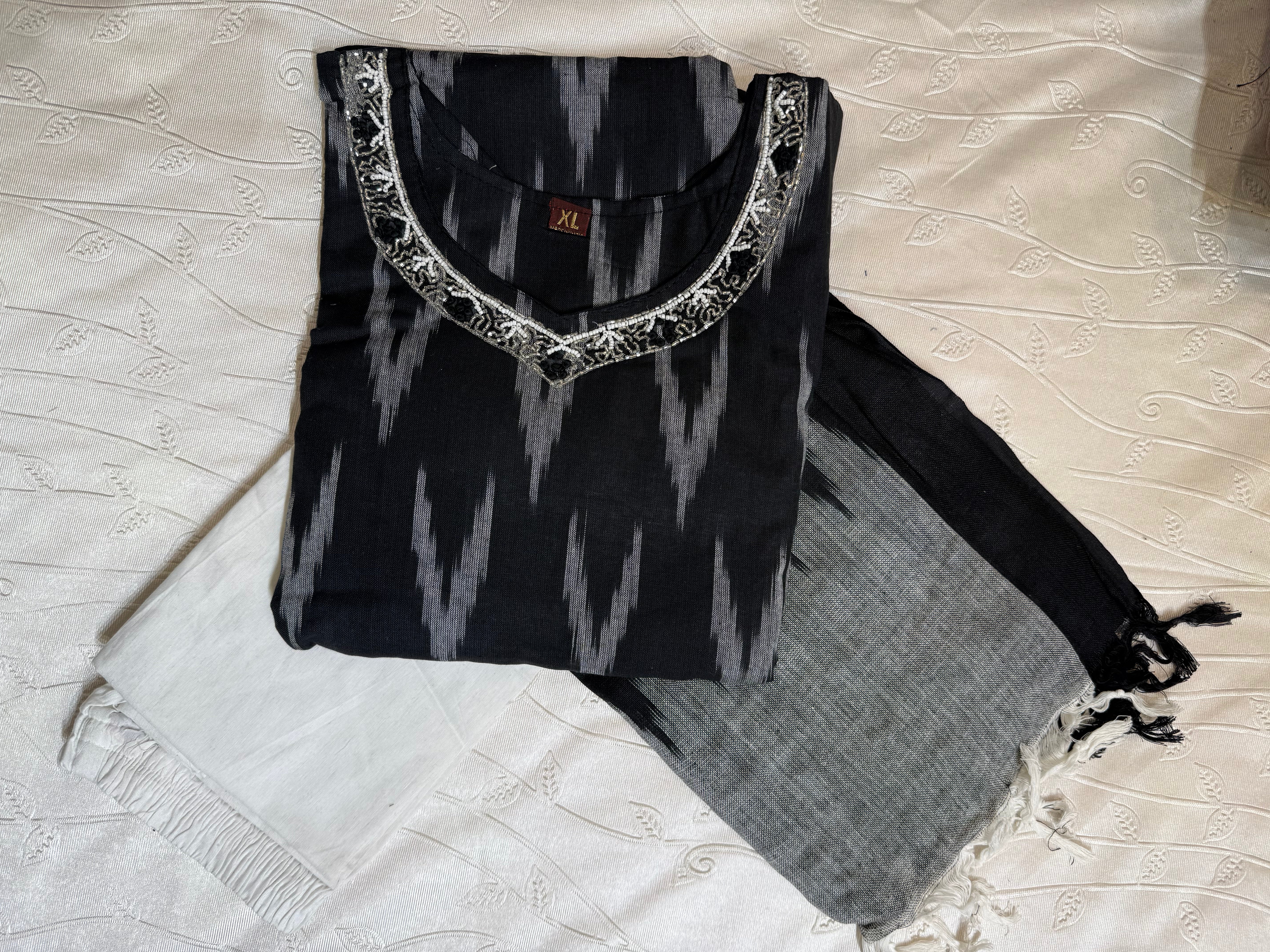 Ikkat 3pc with Neckline work