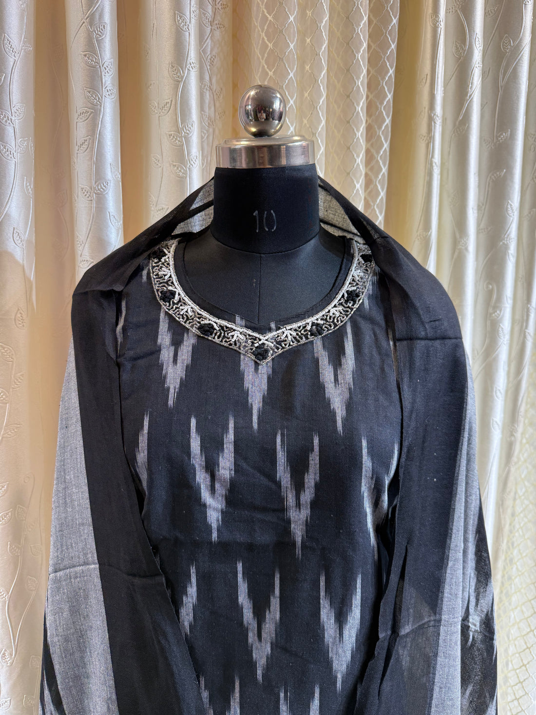 Ikkat 3pc with Neckline work