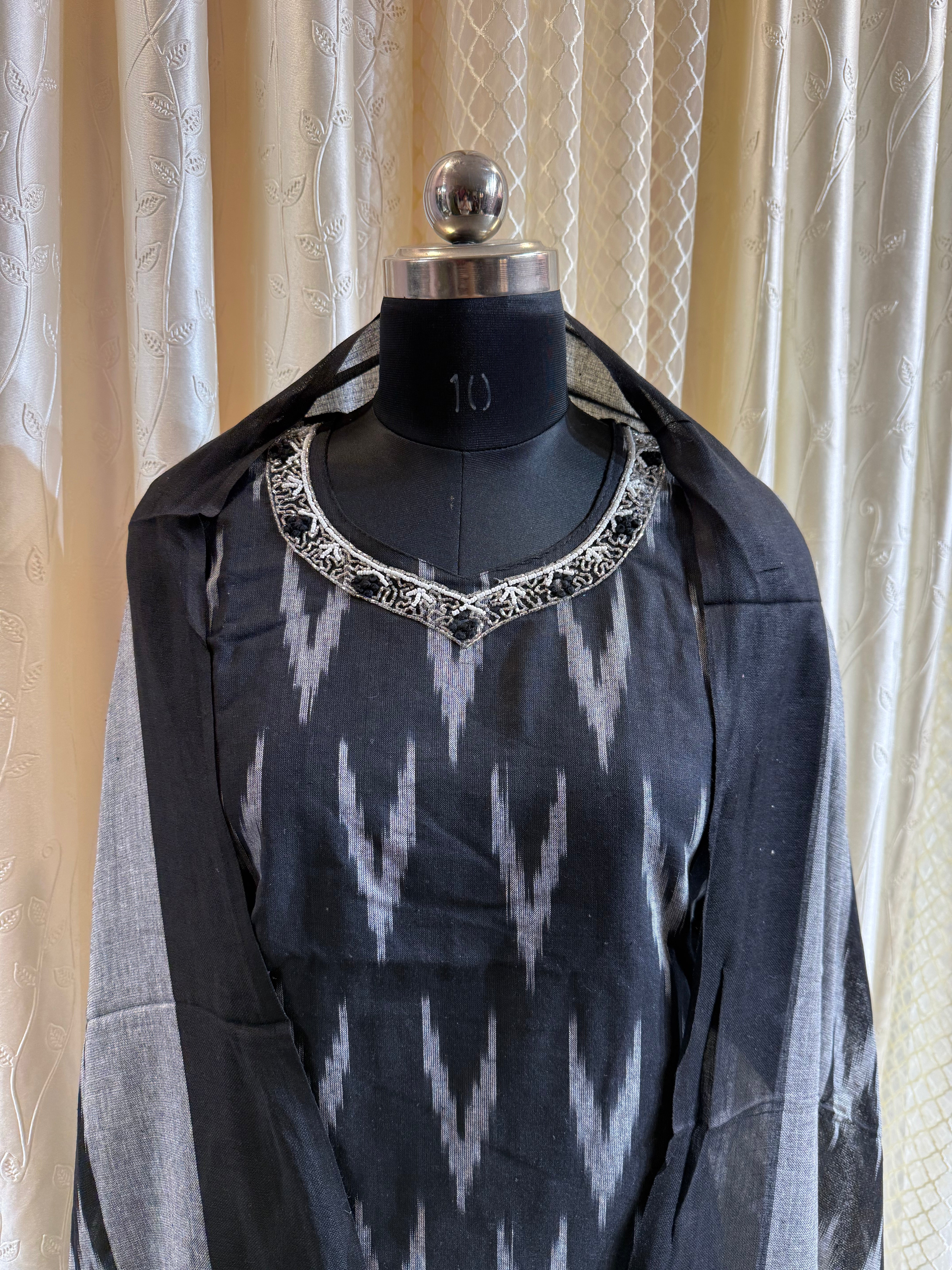 Ikkat 3pc with Neckline work