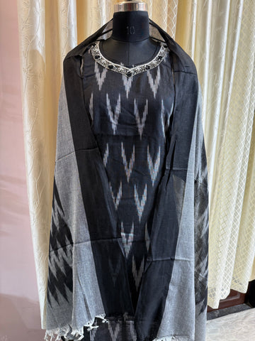 Ikkat 3pc with Neckline work