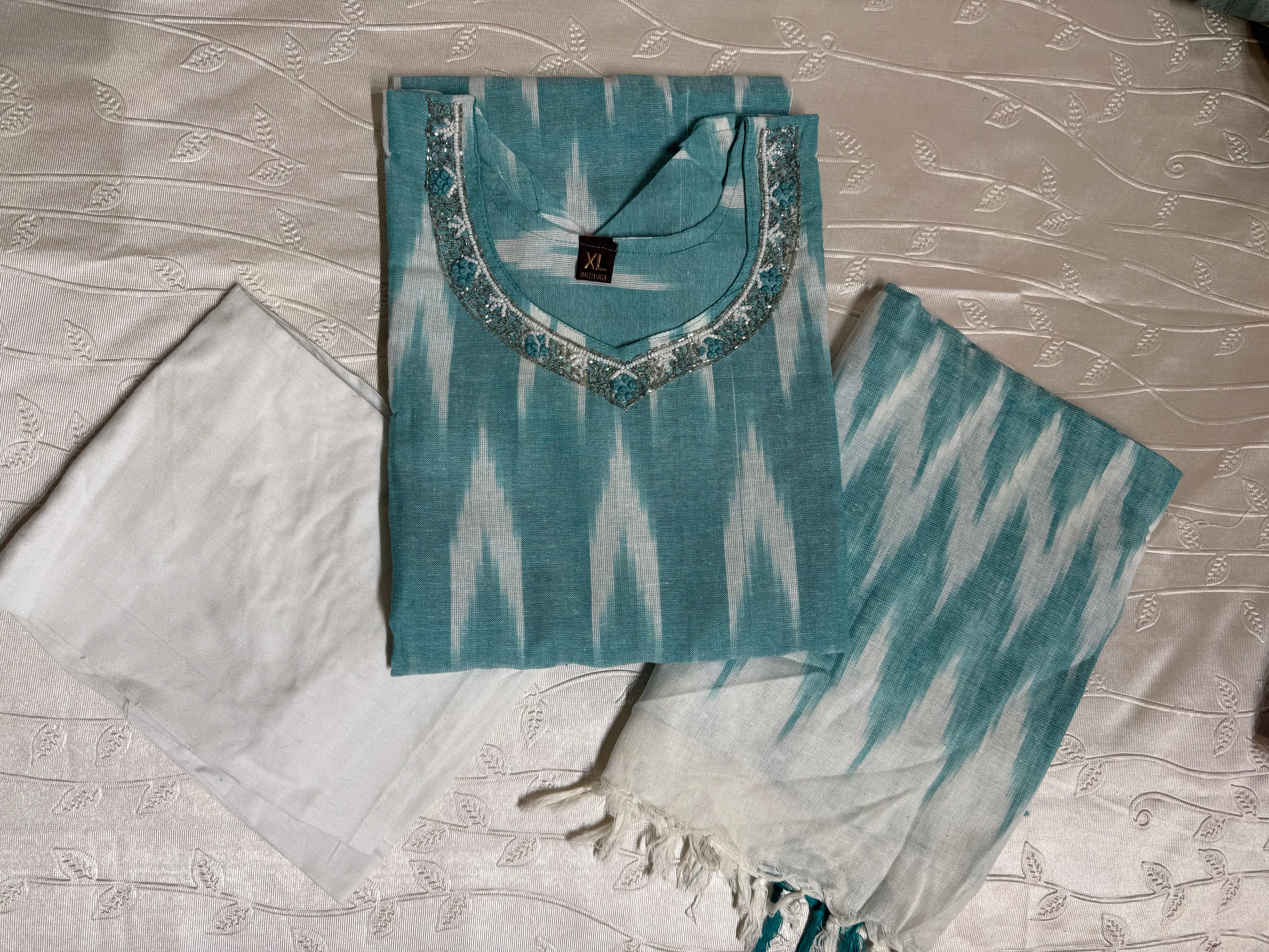 Ikkat 3pc with Neckline work